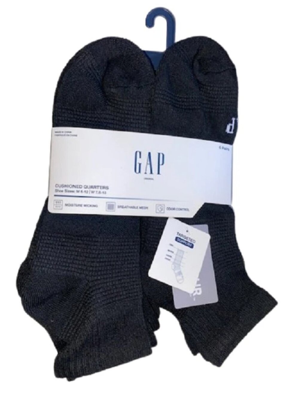 GAP 6 Pair Men's Black Cushioned Quarter Socks, Odor Control